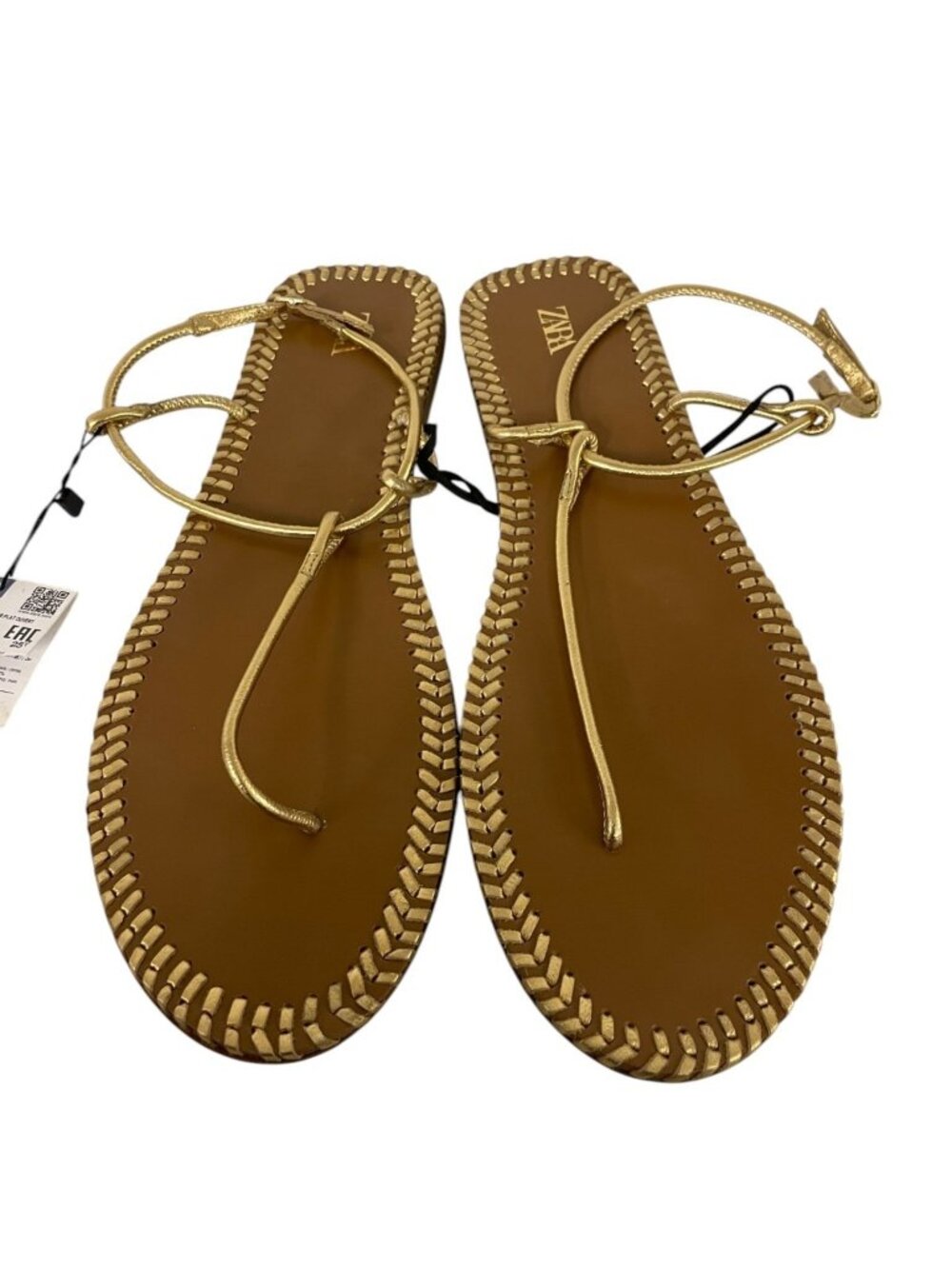 Zara Womens Flat Sandal 42 US 11 Gold Metallic Thong Ankle Strap 2545/110 NWOB